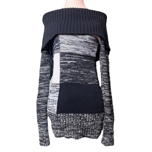 Y2K Cache Foldover Off Shoulder Medium Striped Colorblock Knit Tunic Sweater - Picture 1 of 8